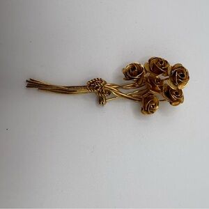 Vintage Gold Tone Rose Bouquet Brooch Floral Flower Pin Mid-Century